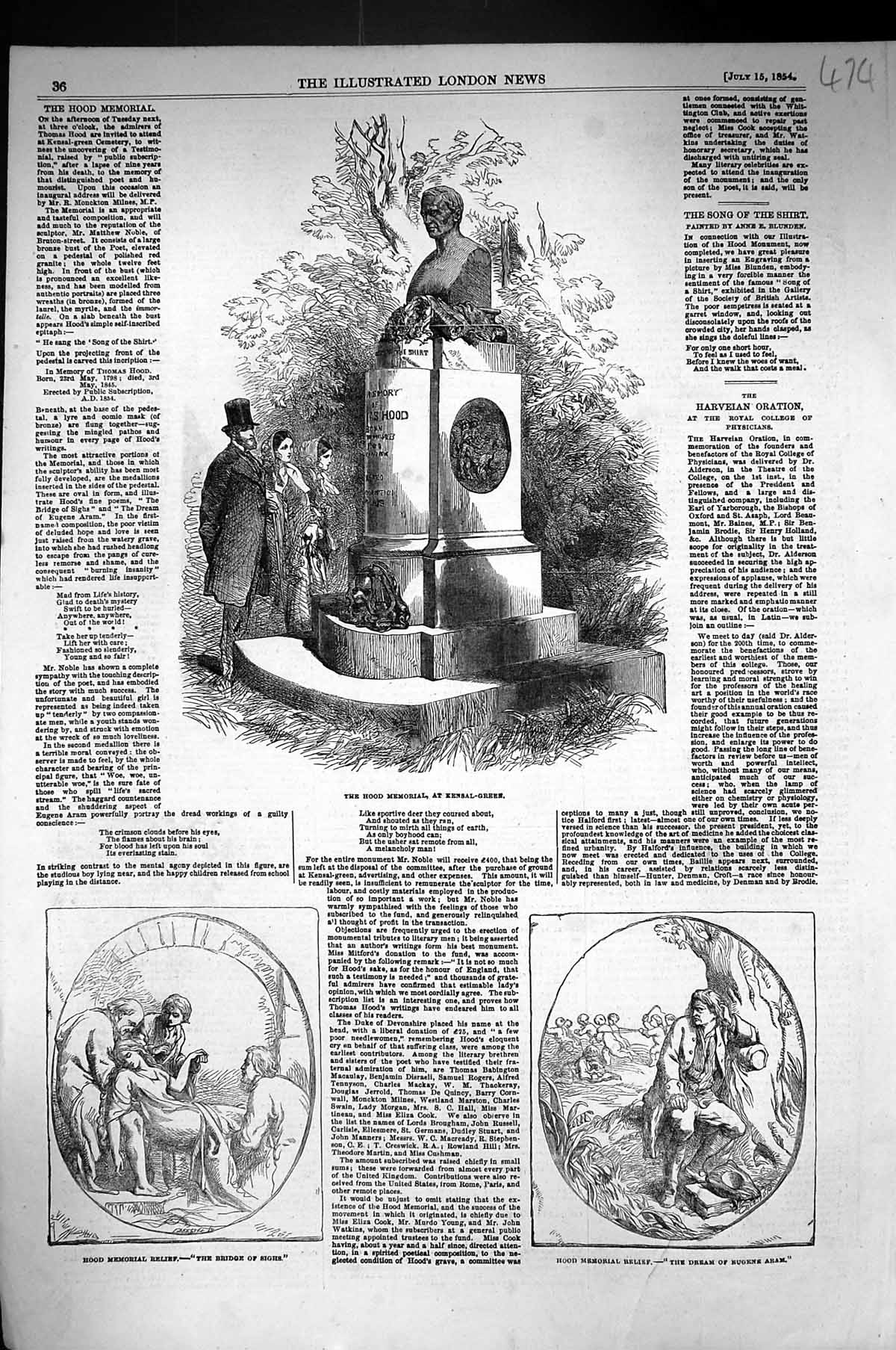 Old 1854 Hood Memorial Kensal Green Relief Bridge Sighs Dream Eugene Victorian