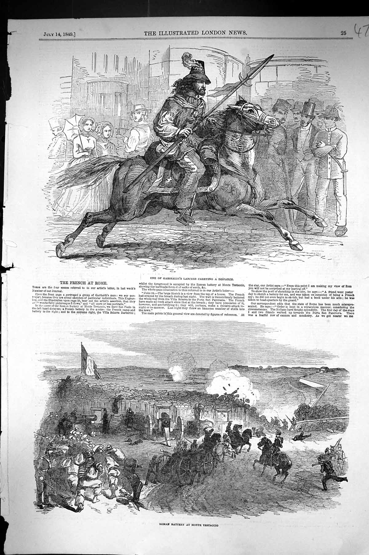 Old 1849 Garibaldi Lancer Carrying Despatch Roman Battery Monte Testa Victorian