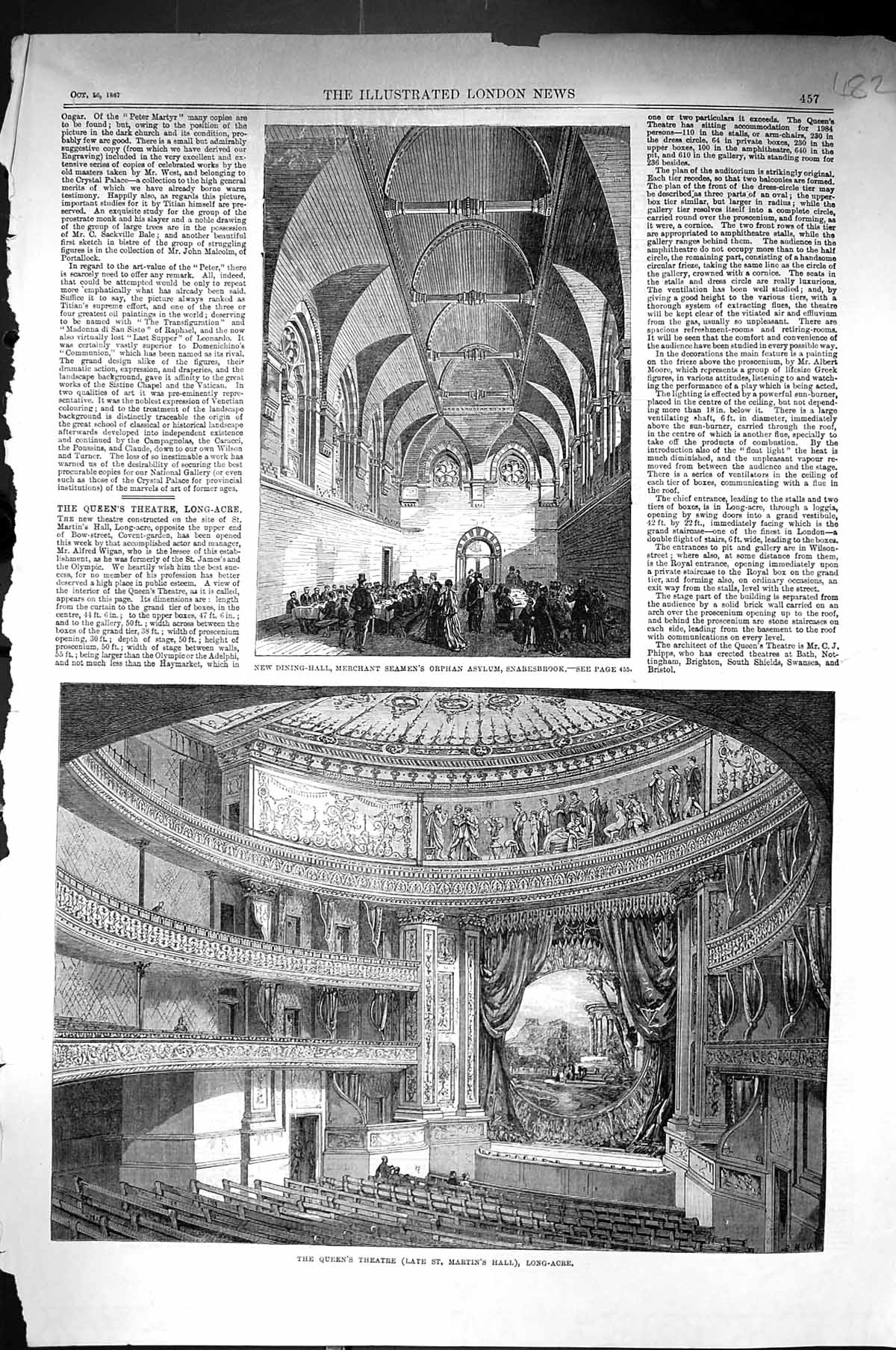 Old 1867 Queen'S Theatre St. Martin'S Hall Long-Acre Dining Seamens O Victorian
