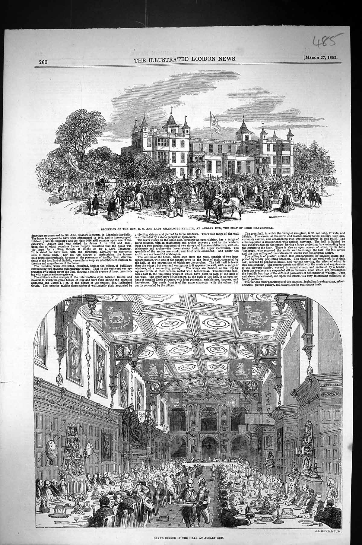 Old 1852 Dinner Audley End Reception Lady Charlotte Neville Lord Bray Victorian
