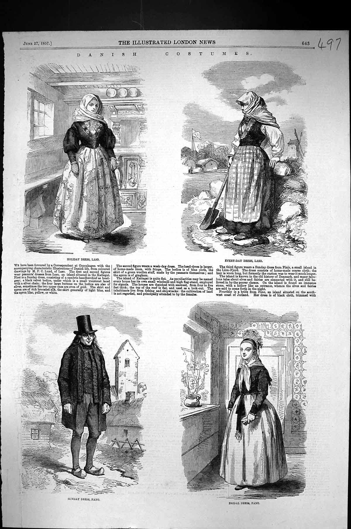 Old 1857 Danish Costumes Holiday Dress Laso Sunday Every-Day Bridal F Victorian