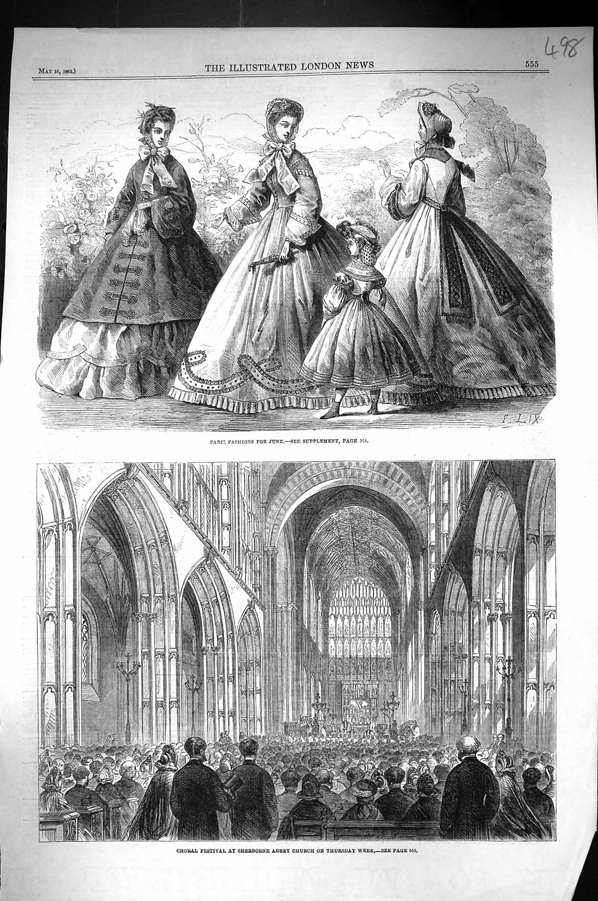 Old 1862 Choral Festival Sherborne Abbey Church Ladies Paris Fashion Victorian