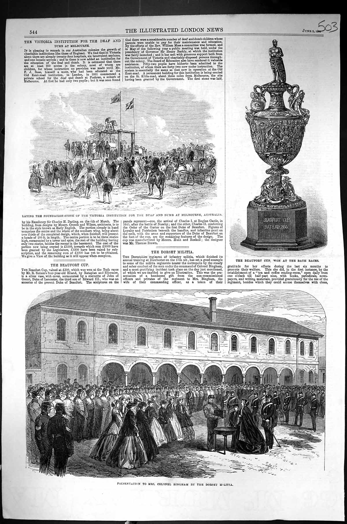 Old 1866 Colonel Bingham Dorset Militia Beaufort Cup Deaf Dumb Instit Victorian