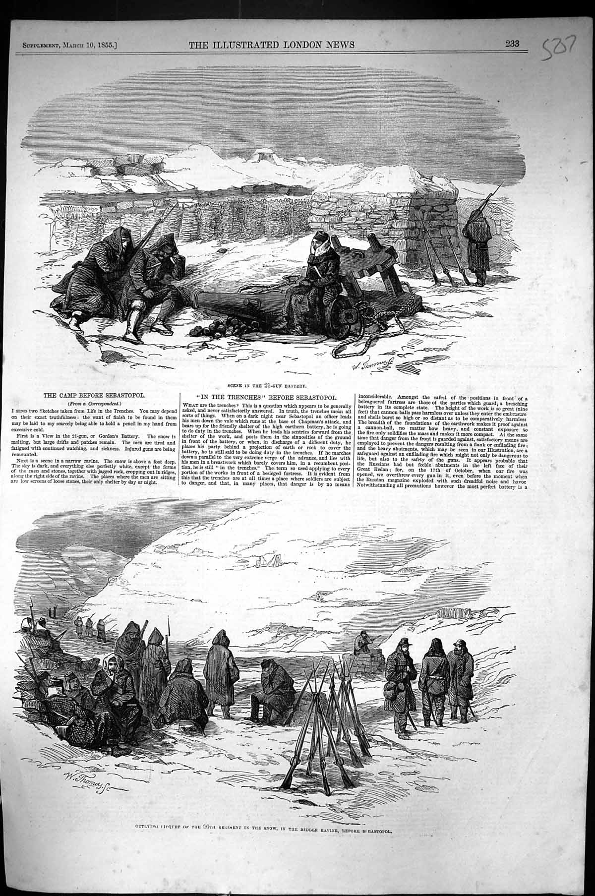 Old Print 1855 War Camp Sebastopol 21-Gunn Battery Outlying Picket Siers 19th