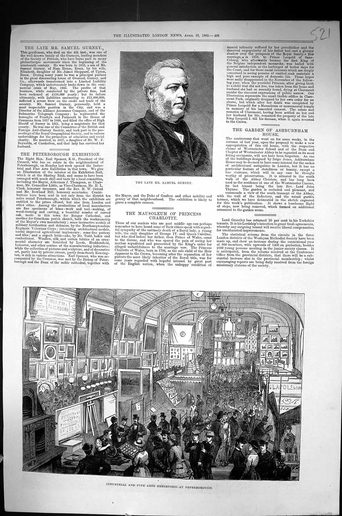 Old Print 1882 Samuel Gurney Industrial Fine Arts Exhibition Peterborough 19th