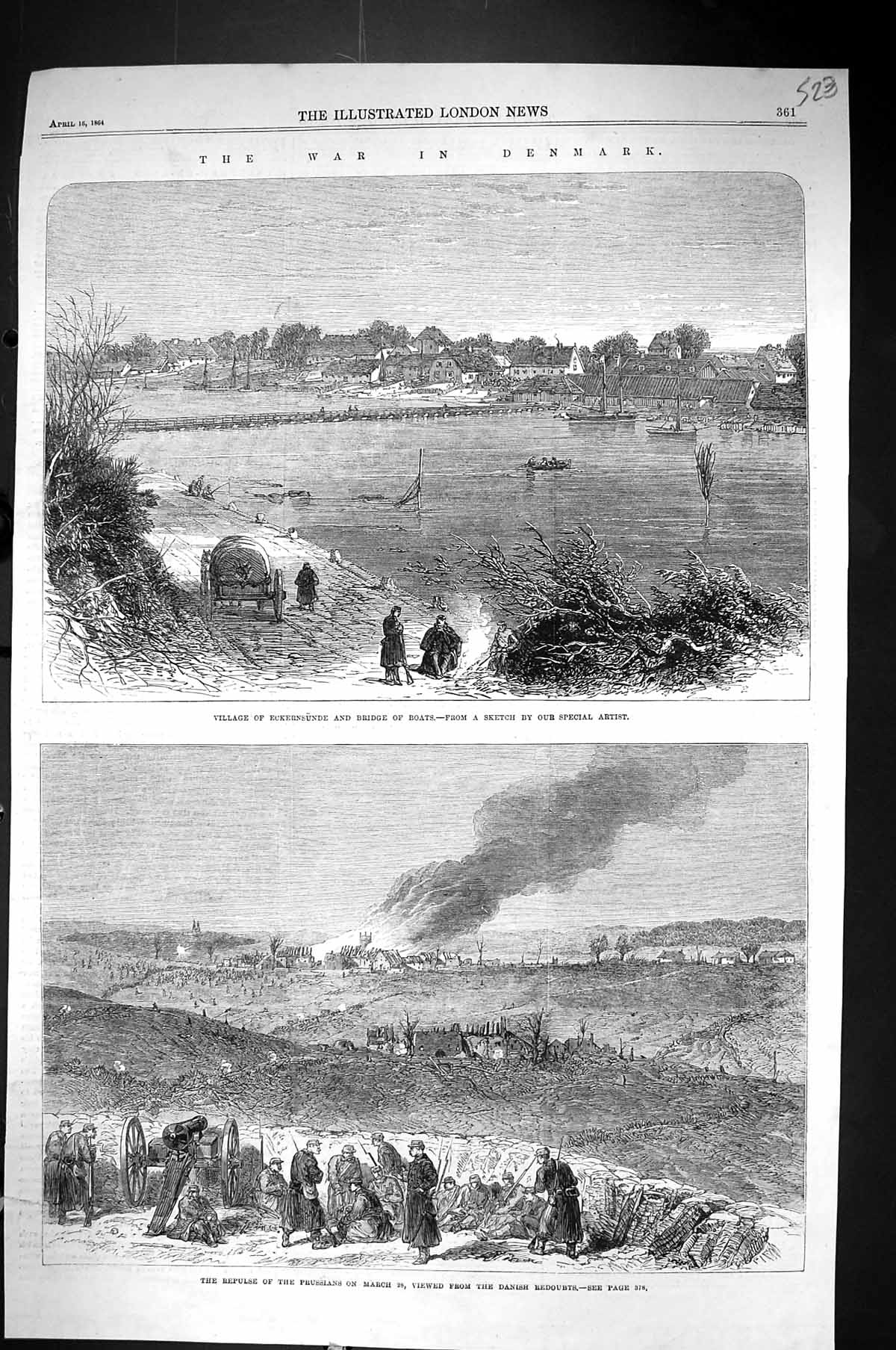 Old Print 1864 War Denmark Eckernsunde Bridge Boats Prussian Siers War R 19th
