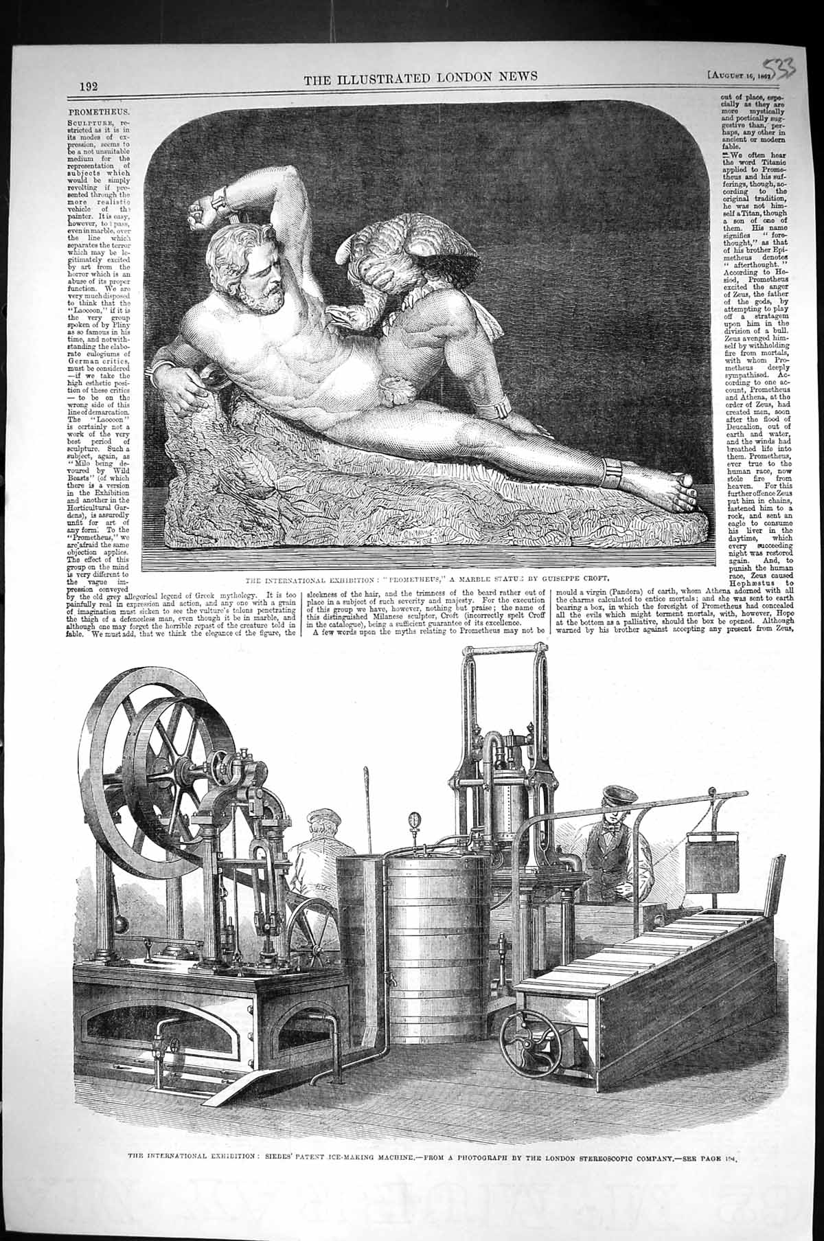 Old 1862 Exhibition Marble Statue Prometheus Croft Siebes Ice-Making Victorian