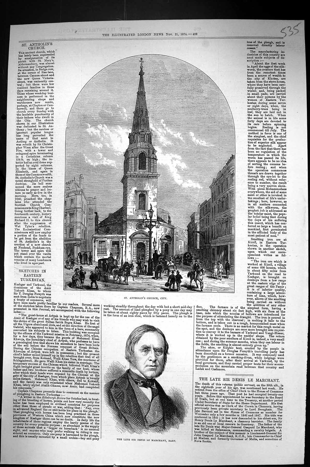 Antique Old Print 1874 Sir Denis Le Marchant Bart St. Antholin'S Church City