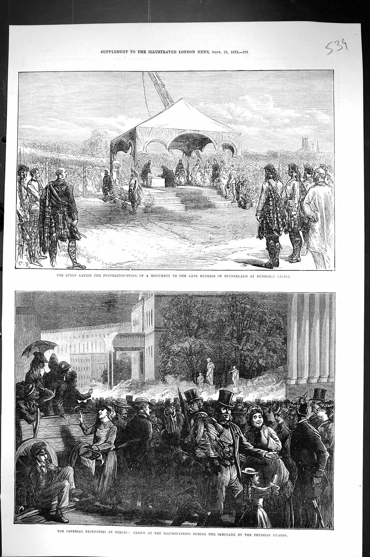 Old 1872 Queen Monument Duchess Sutherland Dunrobin Berlin Festivitie Victorian