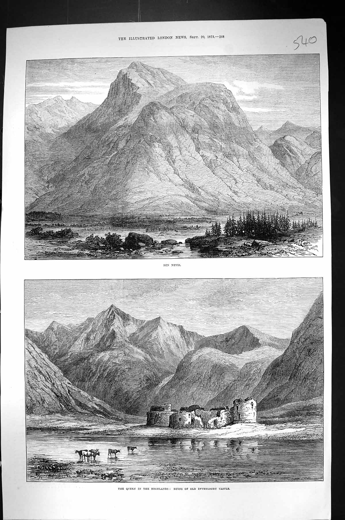 Antique Old Print 1873 Ben Nevis Mountain Scotland Ruins Inverlochy Castle 19th