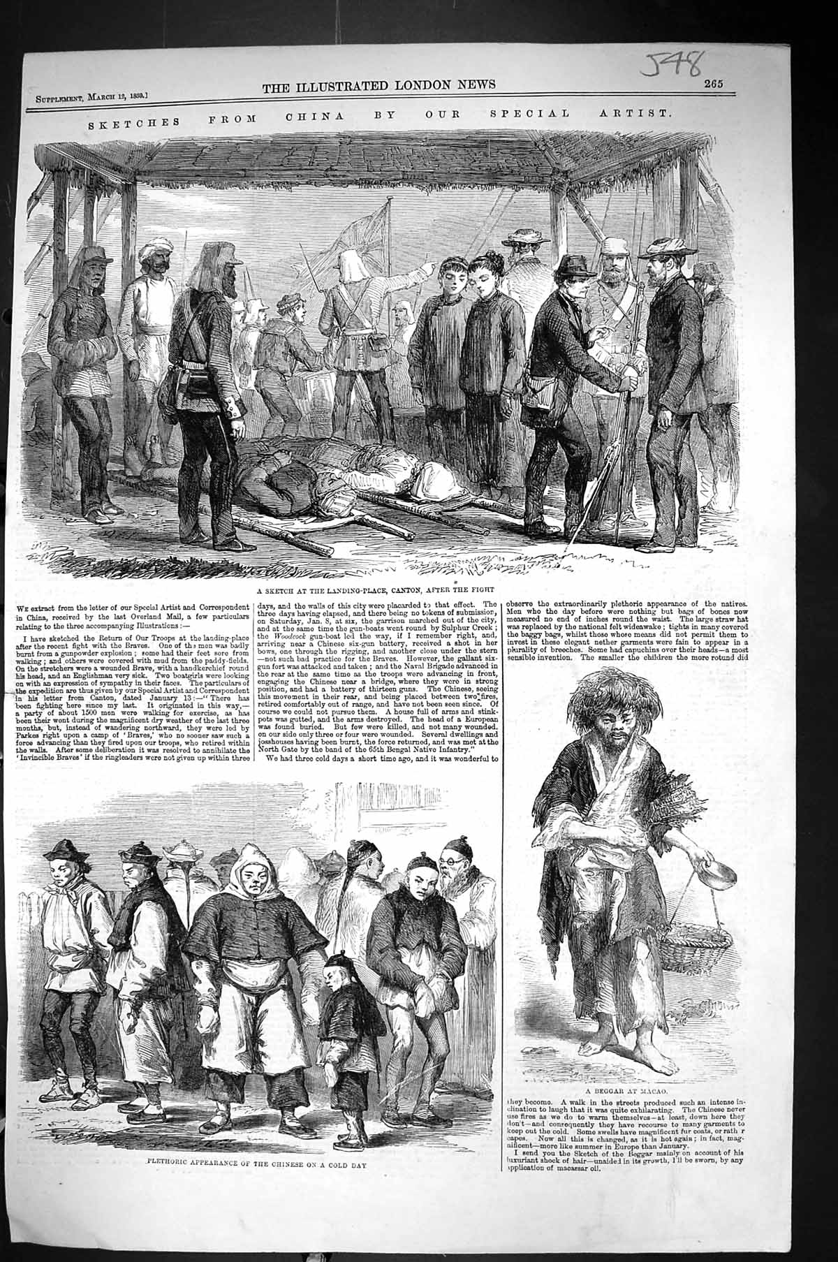 Antique Print 1859 China Landing Place Canton Beggar Macao Chinese People C 19th