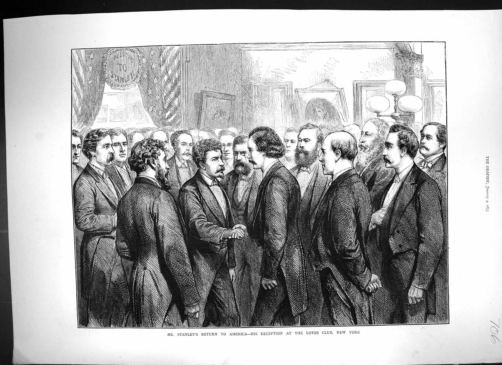 Old Antique Print 1873 Mr Stanley America Reception Lotos Club New York 19th