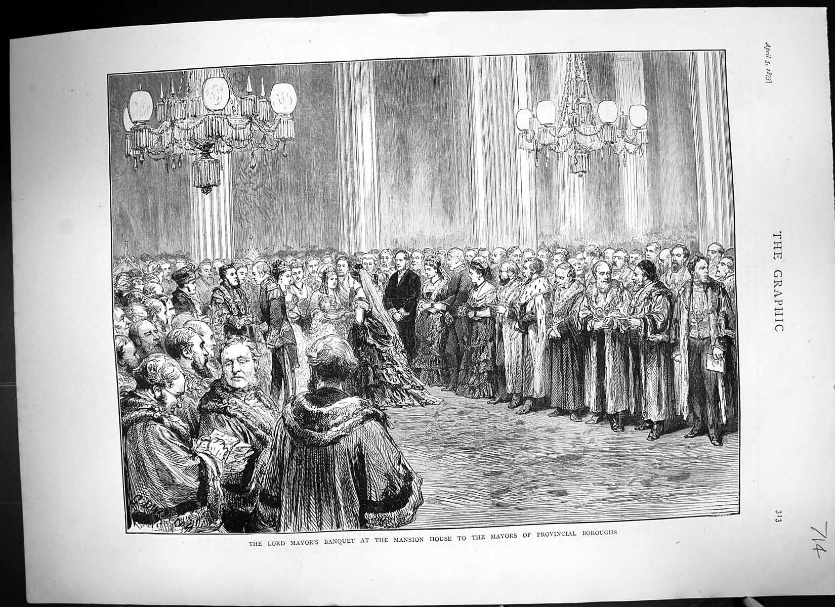 Antique Old Print 1873 Lord Mayor Banquet Mansion House Provincial Boroughs