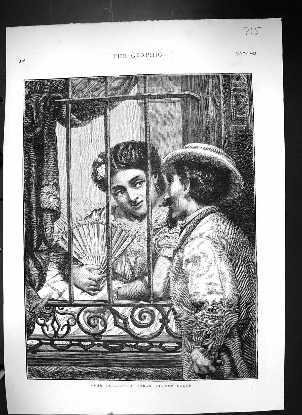Antique Print 1873 Cuban Street Scene Lovers Romance Lady Man House Window 19th