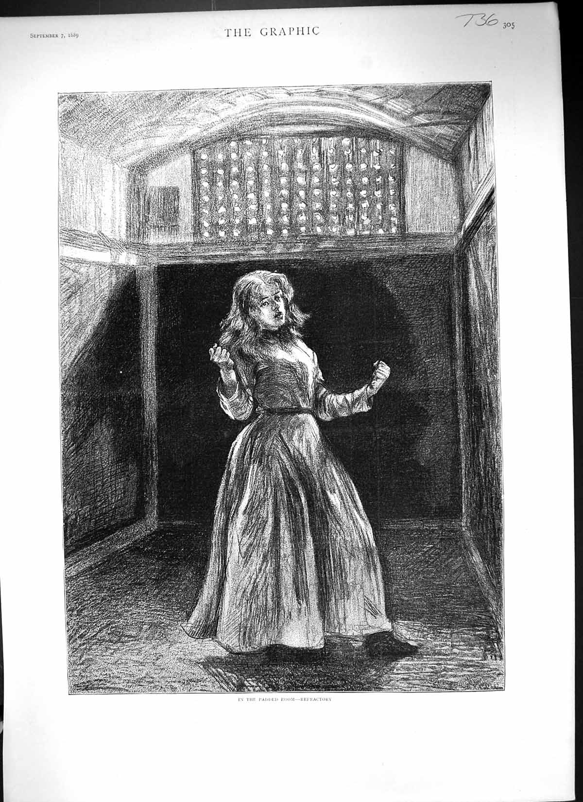 Original Old Antique Print 1889 Young Girl Padded Room Refractory Victorian