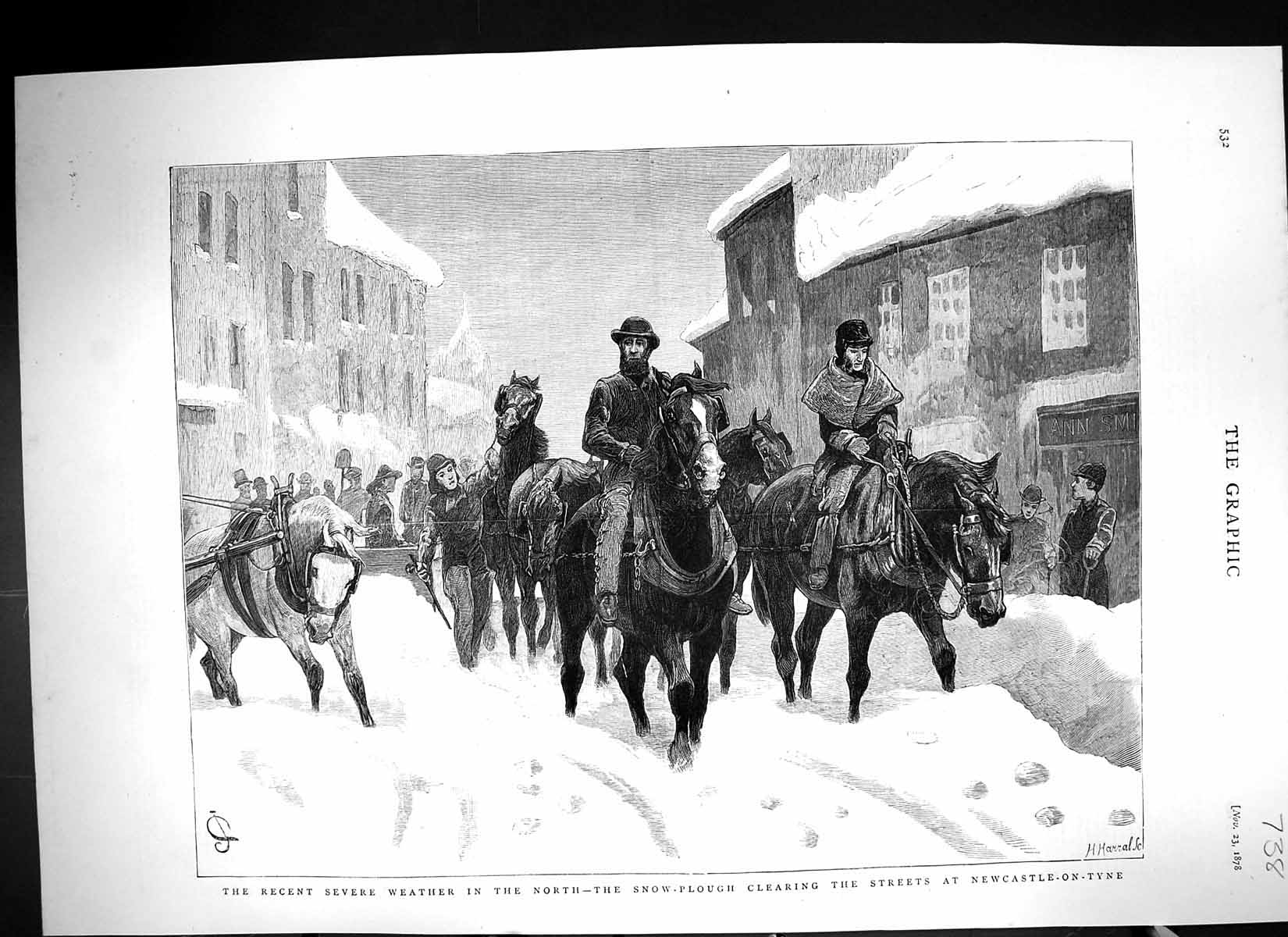 Old 1878 Snow Plough Clearing Streets Newcastle-On-Tyne England Fine Victorian