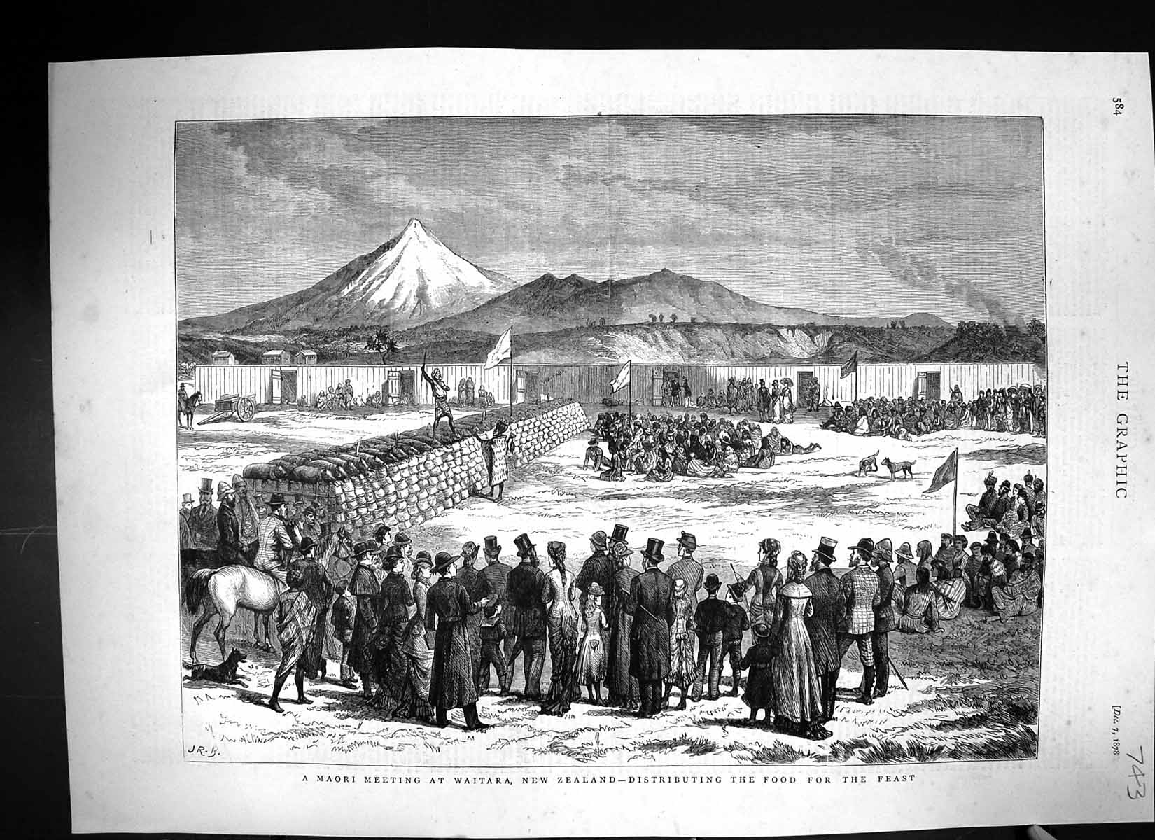 Antique Old Print 1878 Maori Meeting Waitara New Zealand Distributing Food 19th