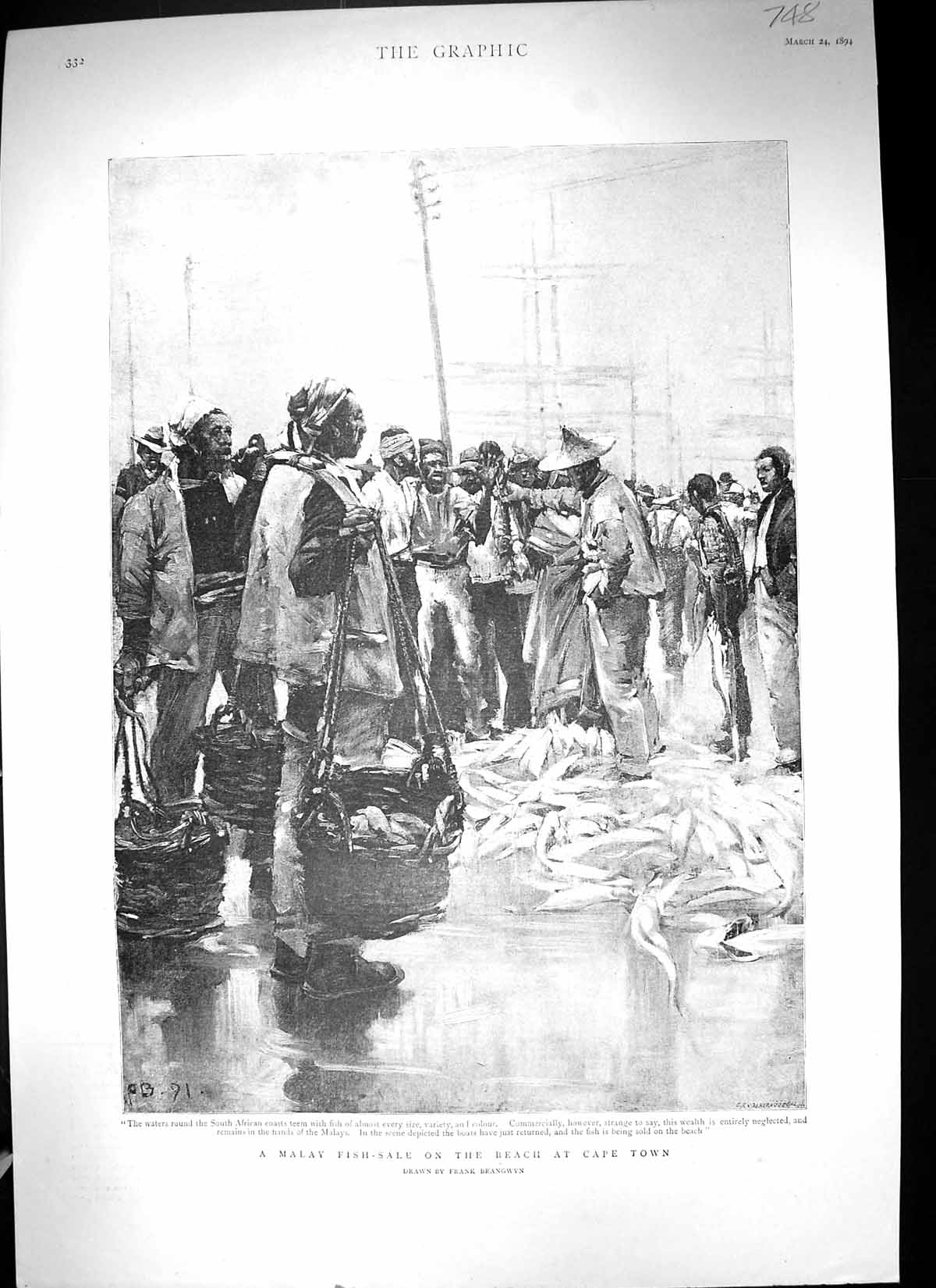 Old 1894 Malay Fish Sale Beach Cape Town Africa Fishing Frank Brangwy Victorian