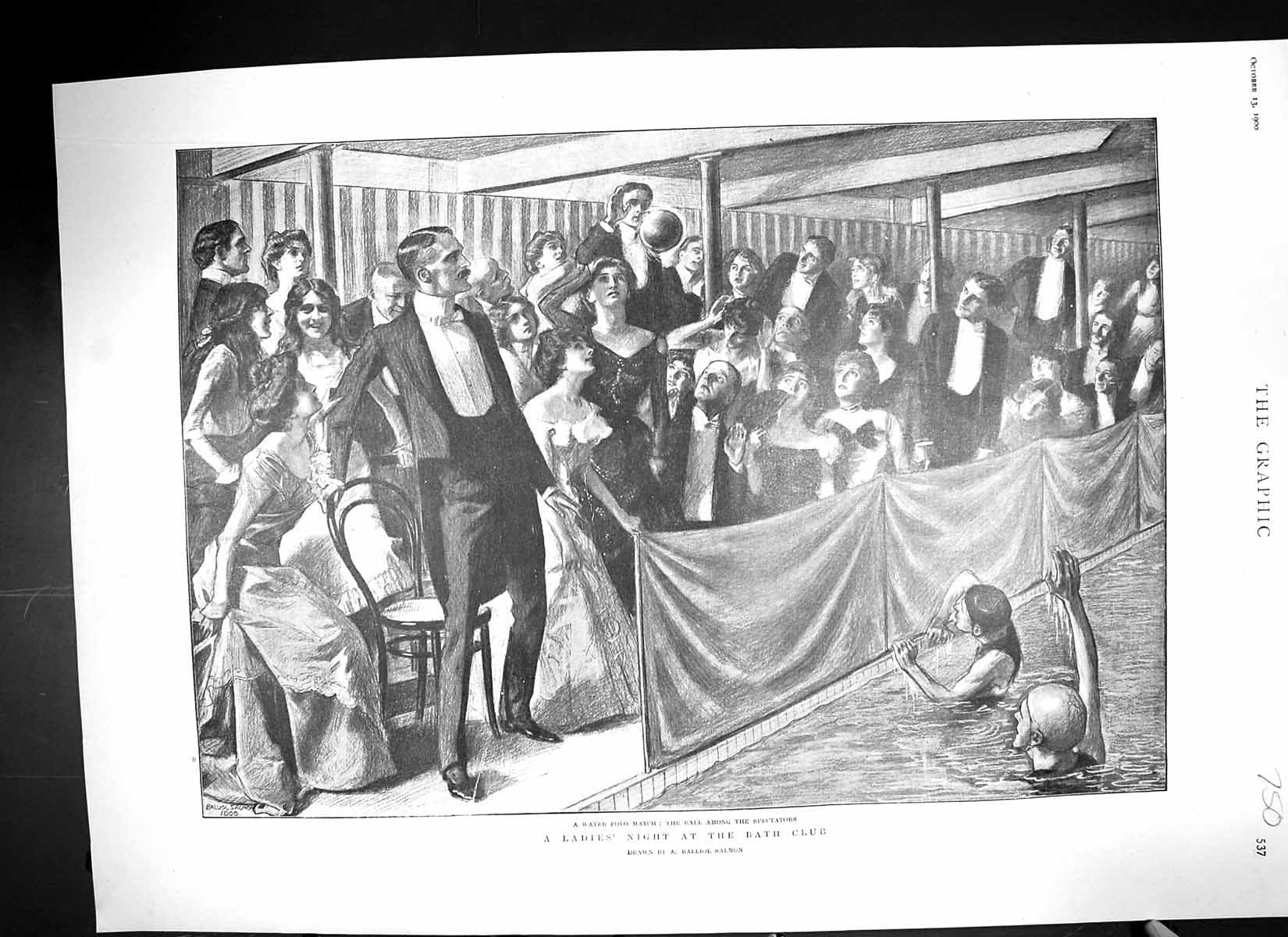Original Old Antique Print 1900 Ladies Night Bath Club Water Polo Match Sport