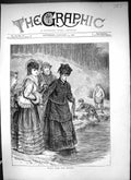 Original Old Antique Print 1871 Frozen Pond Ice Skating Women Children 19th