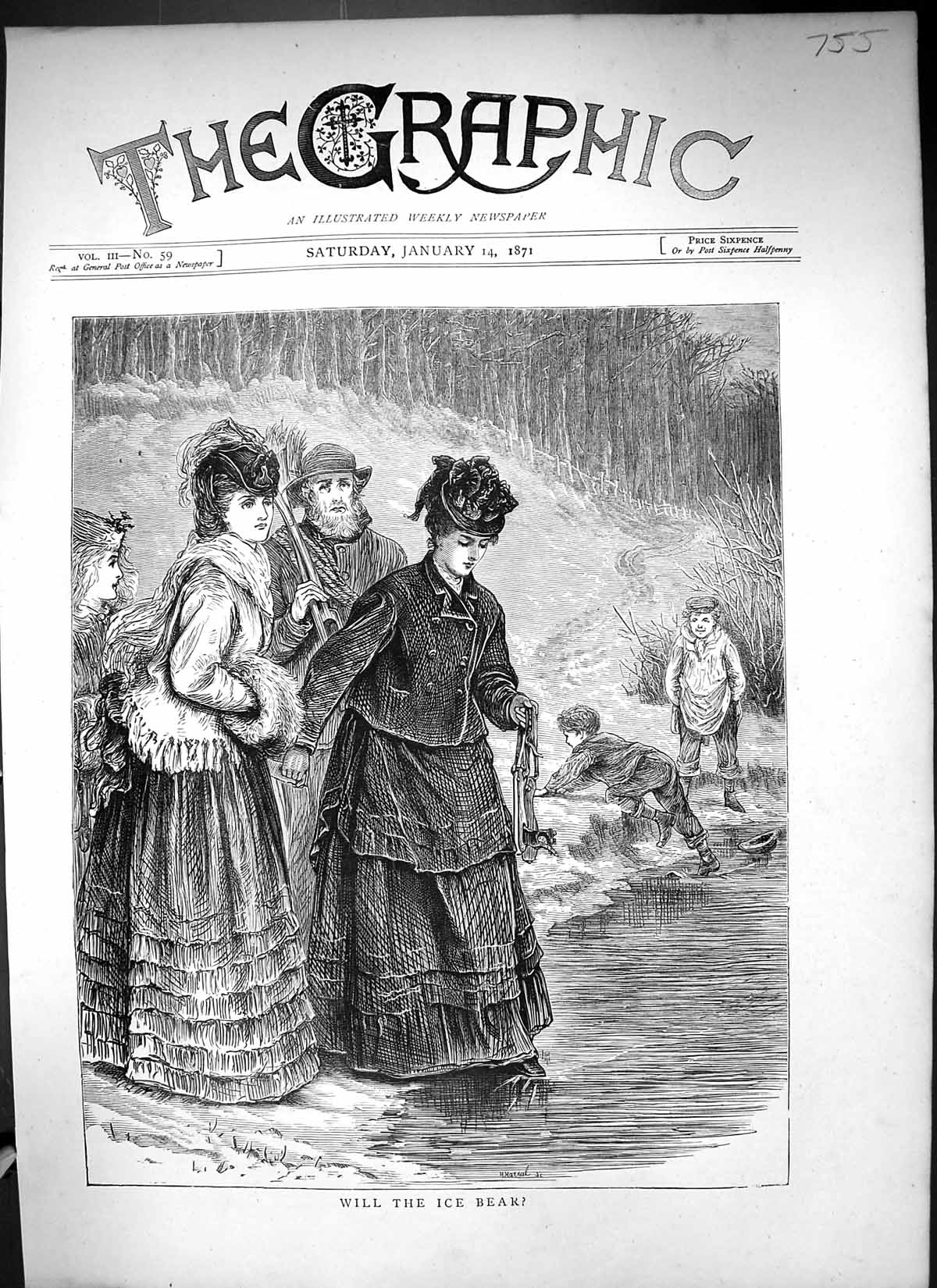 Original Old Antique Print 1871 Frozen Pond Ice Skating Women Children 19th