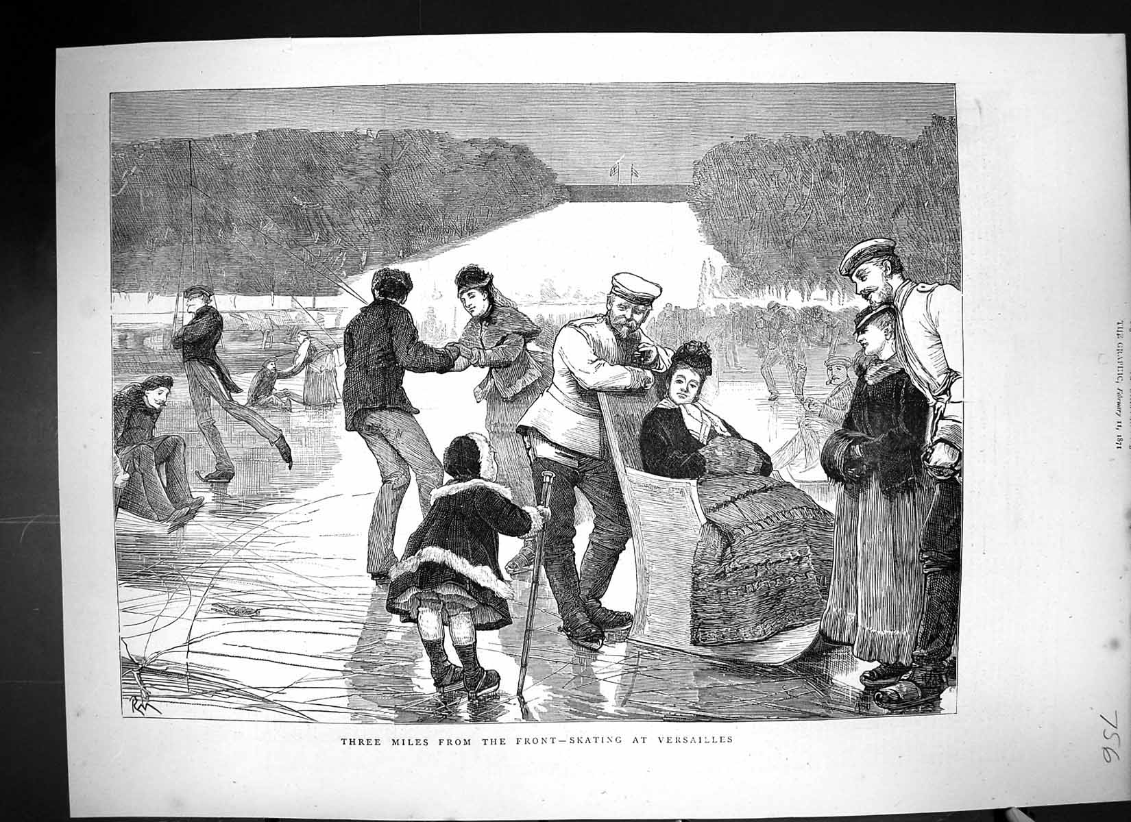 Original Old Antique Print 1871 Ice Skating Versailles France Sport Frozen Lake