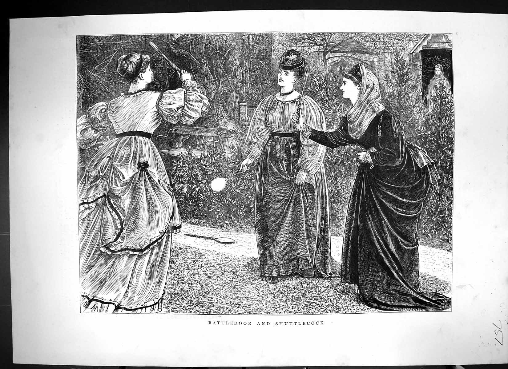 Original Old Antique Print 1871 Battledoor Shuttlecock Ladies Raquet Sport 19th