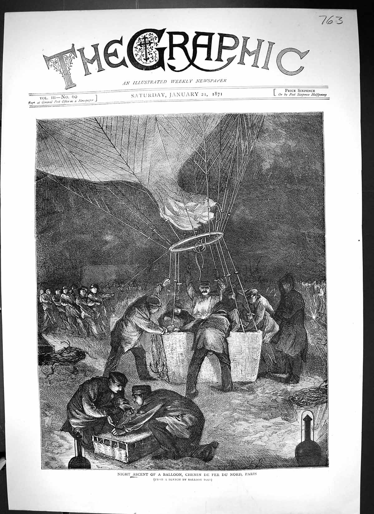 Old 1871 Night Ascent Balloon Chemin De Fer Nord Paris France Fine Ar Victorian