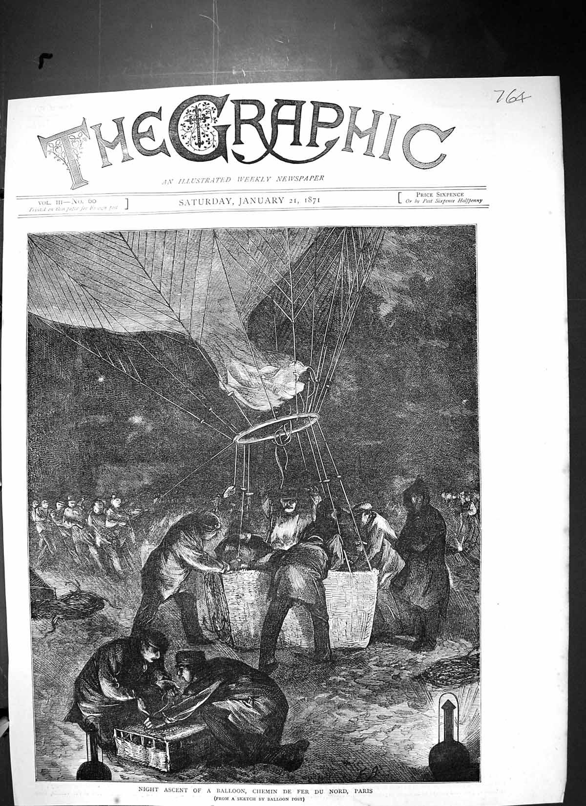 Old *6096 1871 Night Ascent Balloon Chemin De Fer Nord Paris France F