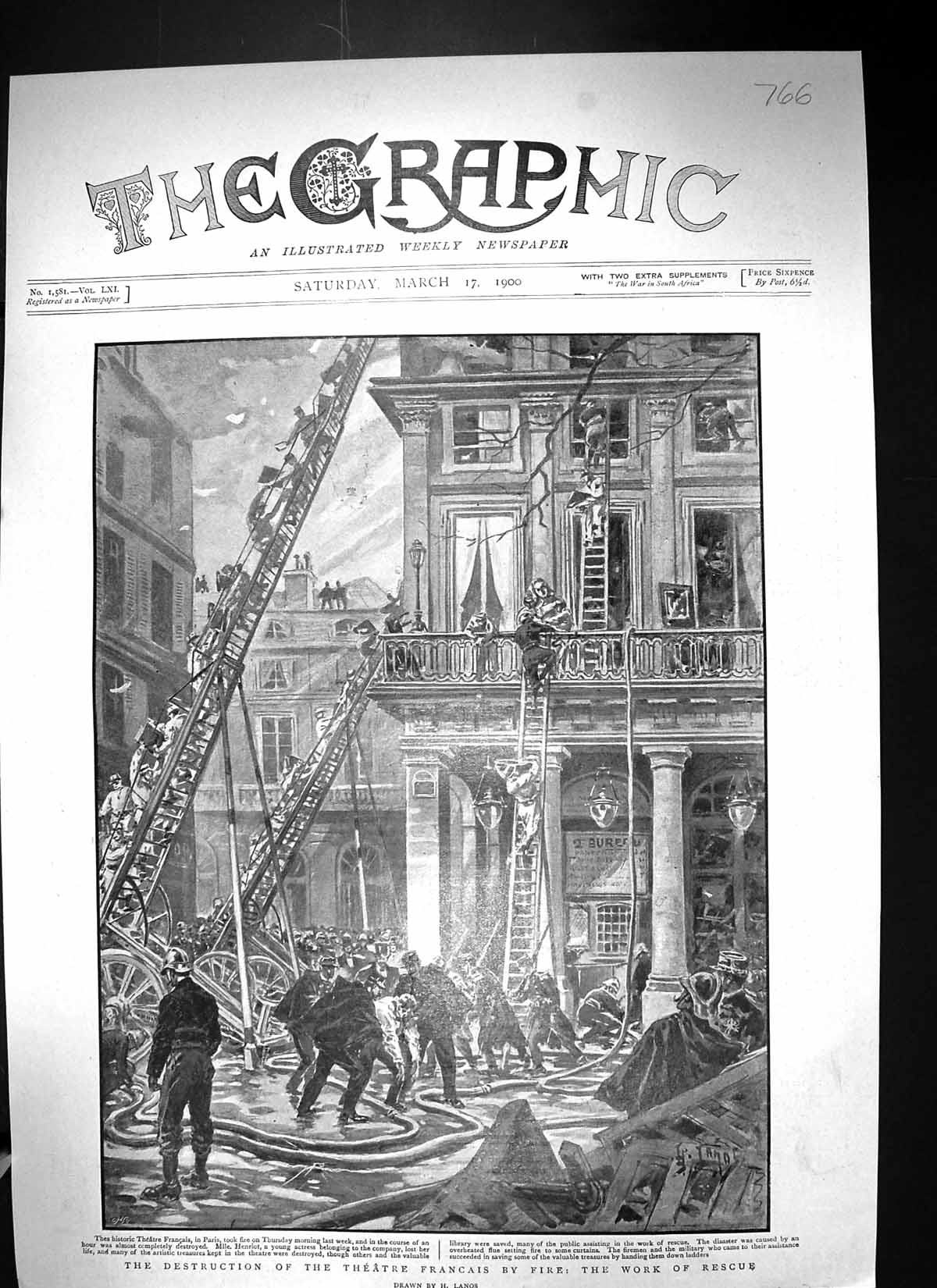 Old 1900 Destruction Theatre Francais Fire Paris France Firemen Henri Victorian
