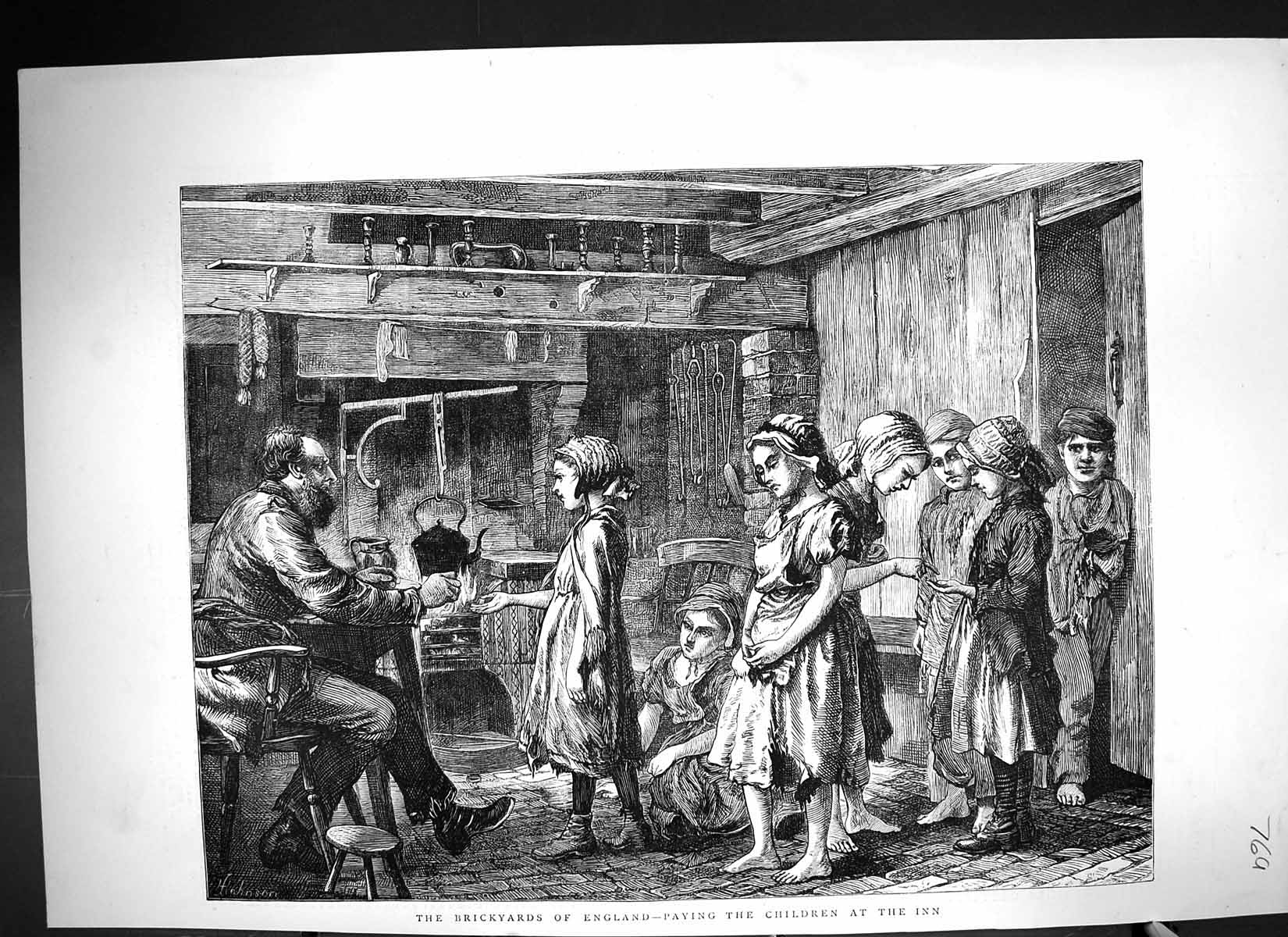 Original Old Antique Print 1871 Brickyards England Scene Paying Children Inn