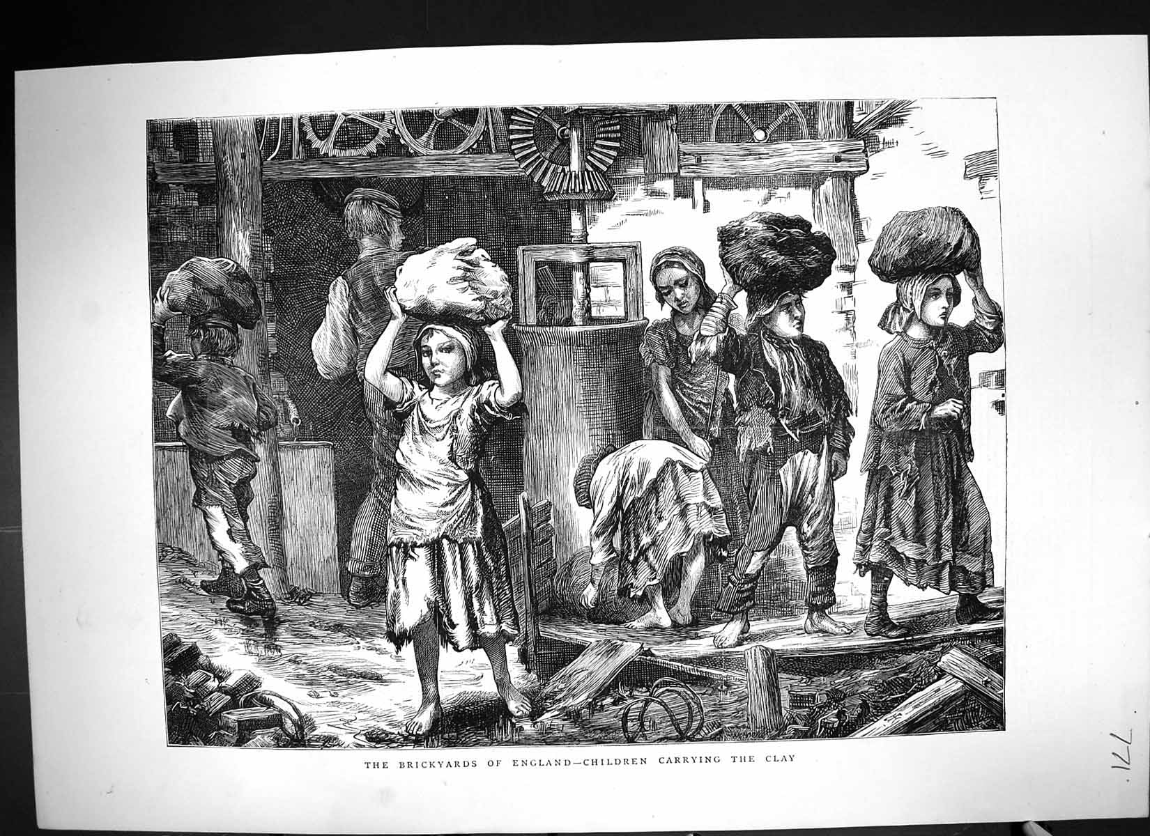 Antique Print 1871 Brickyards England Scene Children Carrying Clay Industry