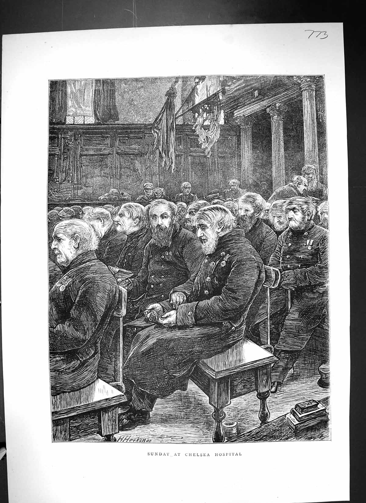 Original Old Antique Print 1871 Sunday Service Scene Chelsea Hospital Siers