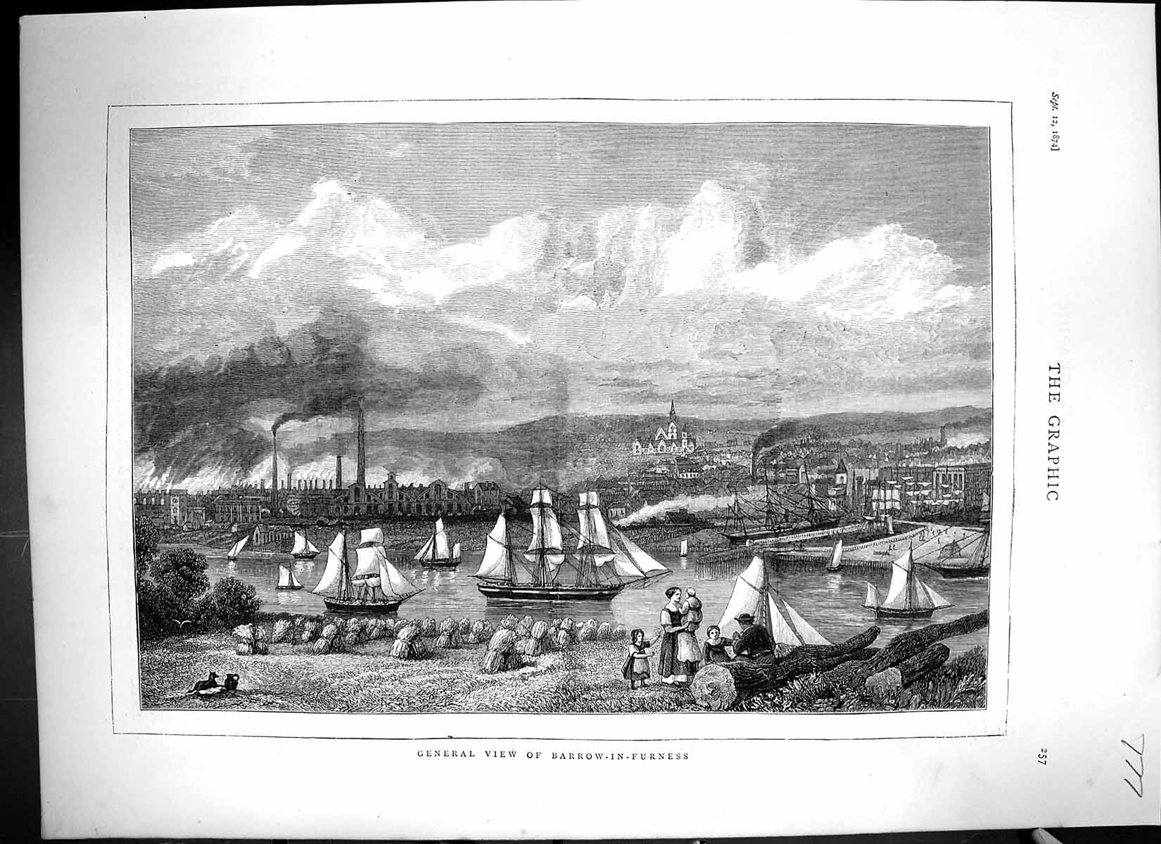 Original Old Antique Print 1874 Birds-Eye-View Barrow-In-Furness Ships Fine Art