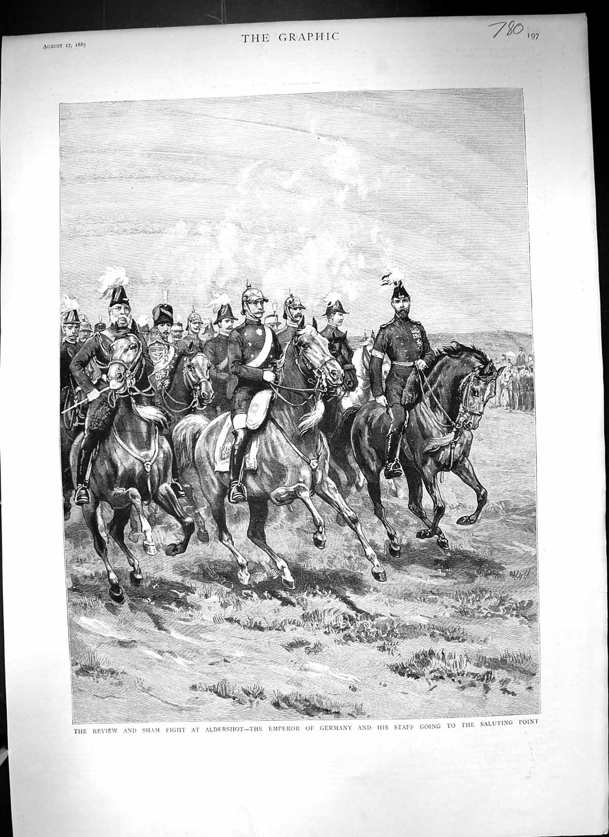 Old Print 1889 Review Sham Fight Aldershot Emperor Germany Siers Salutin 19th
