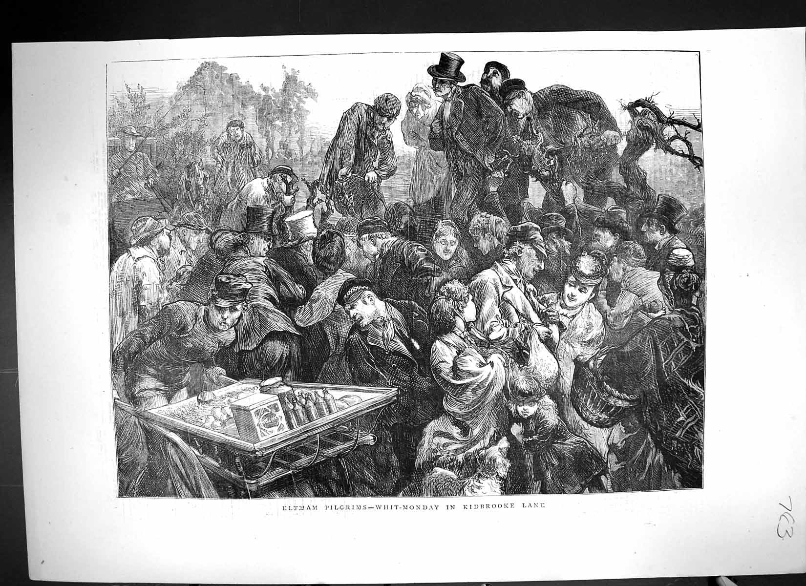 Original Old Antique Print 1871 Eltham Pilgrims Whit-Monday Kidbrooke Lane 19th