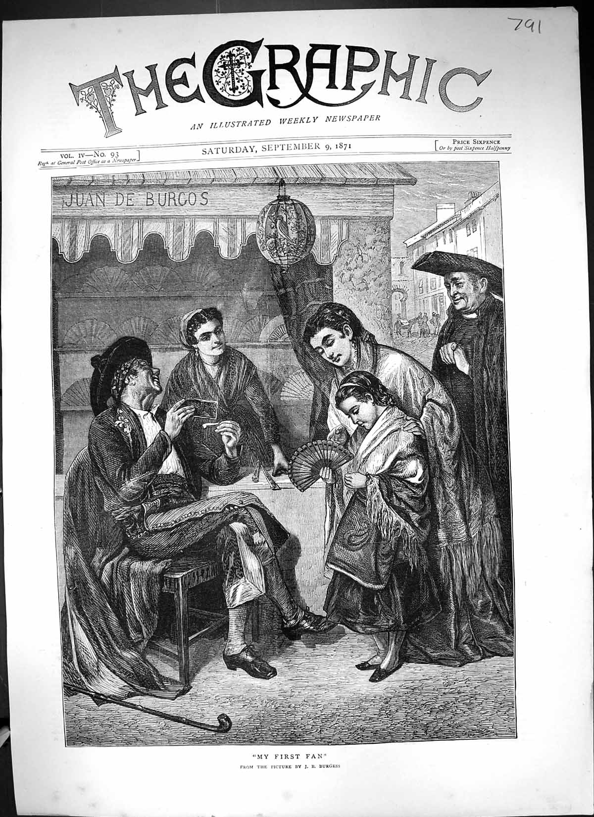 Old 1871 Burgess Fine Art Little Girl First Fan Street Seller Juan Bu Victorian