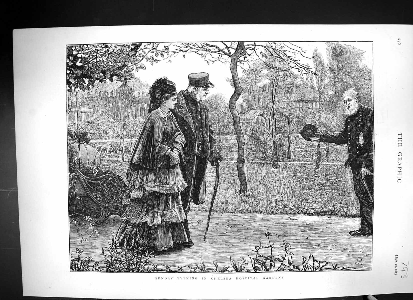 Antique Old Print 1873 Sunday Evening Scene Chelsea Hospital Gardens Siers N