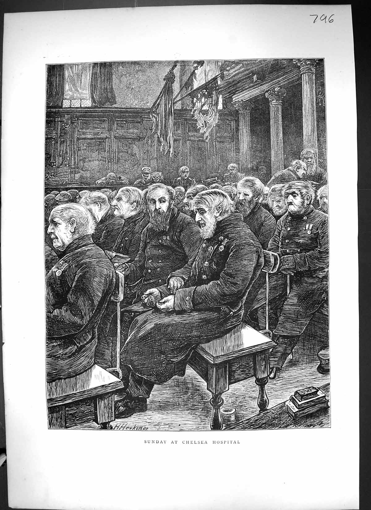 Antique Old Print 1871 Sunday Service Chelsea Hospital Siers Church Scene Fi