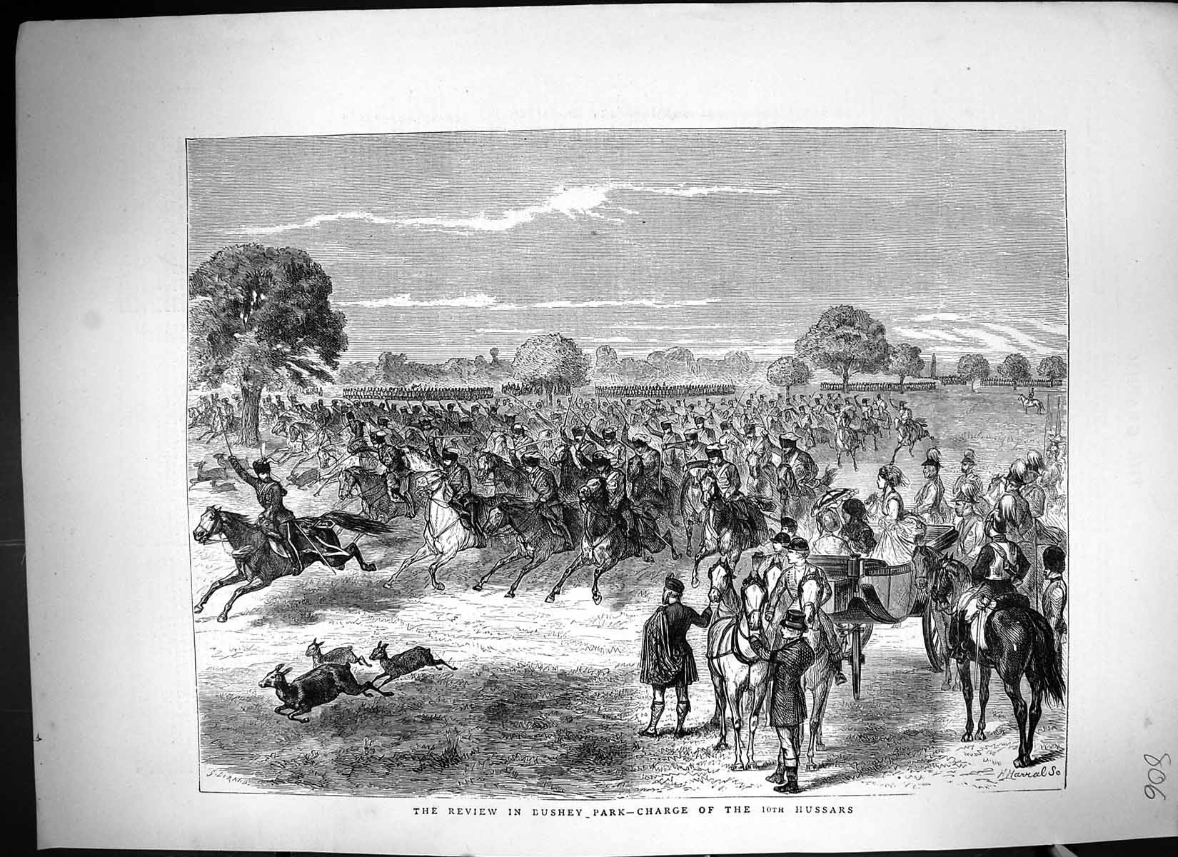 Antique Print 1871 War Review Bushey Park Siers Scene Charge Hussars Horses