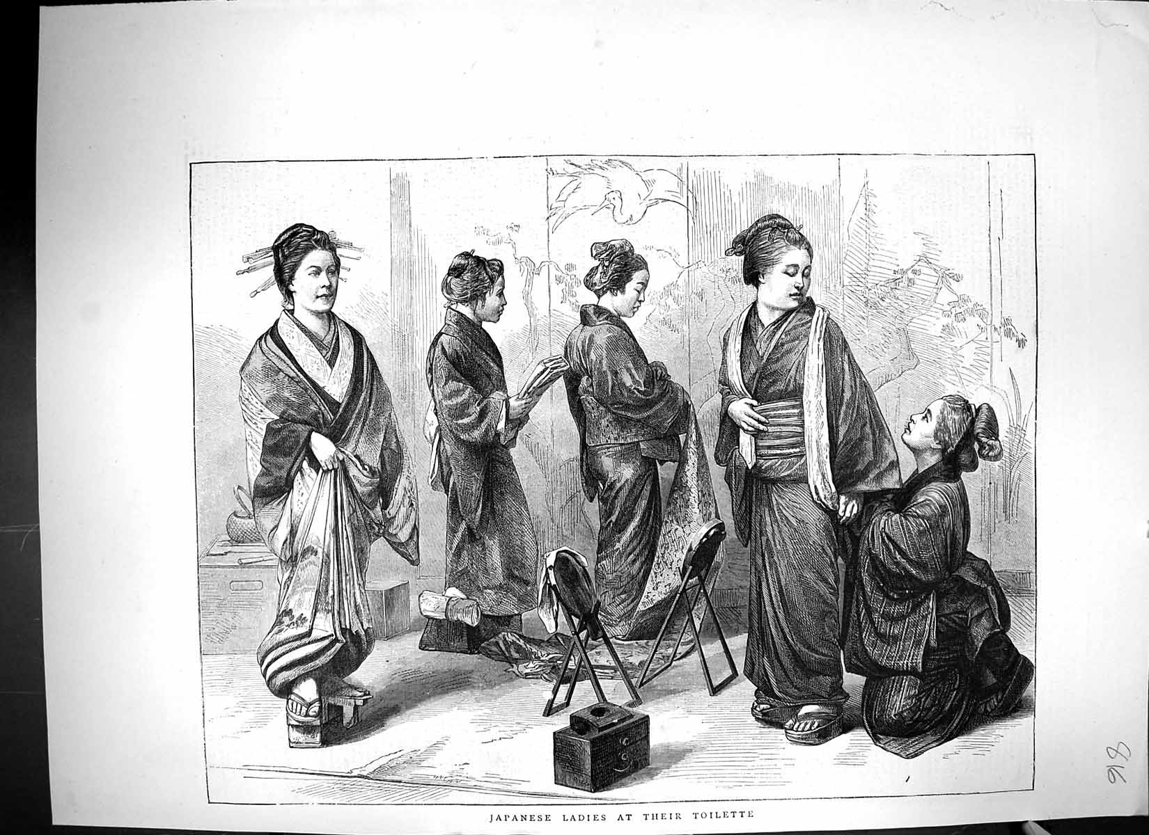 Original Old Antique Print 1871 Japanese Ladies Toilette Japan Costumes 19th