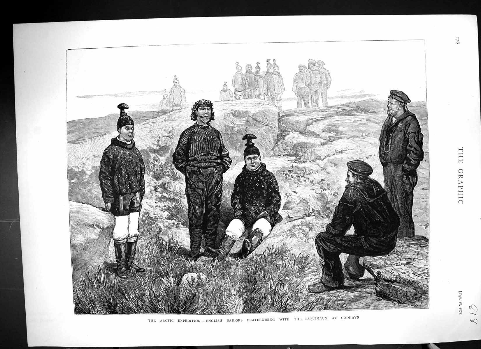 Old 1875 Fine Art Arctic Expedition English Sailors Esquimaux Godhavn Victorian