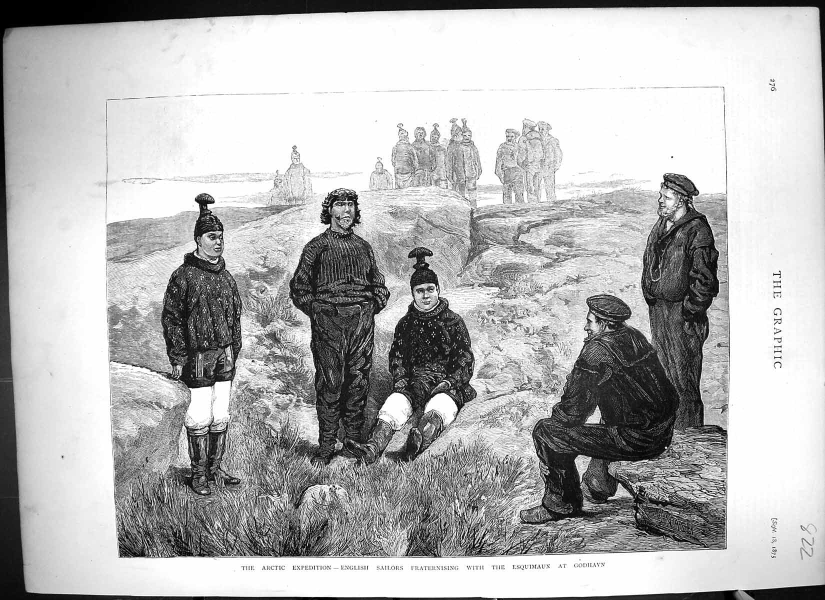 Old 1875 Arctic Expedition English Sailors Fraternising Esquimaux God Victorian