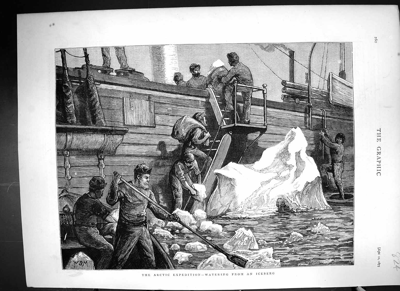 Old Antique Print 1875 Arctic Expedition Watering Iceberg Ship Fine Art 19th