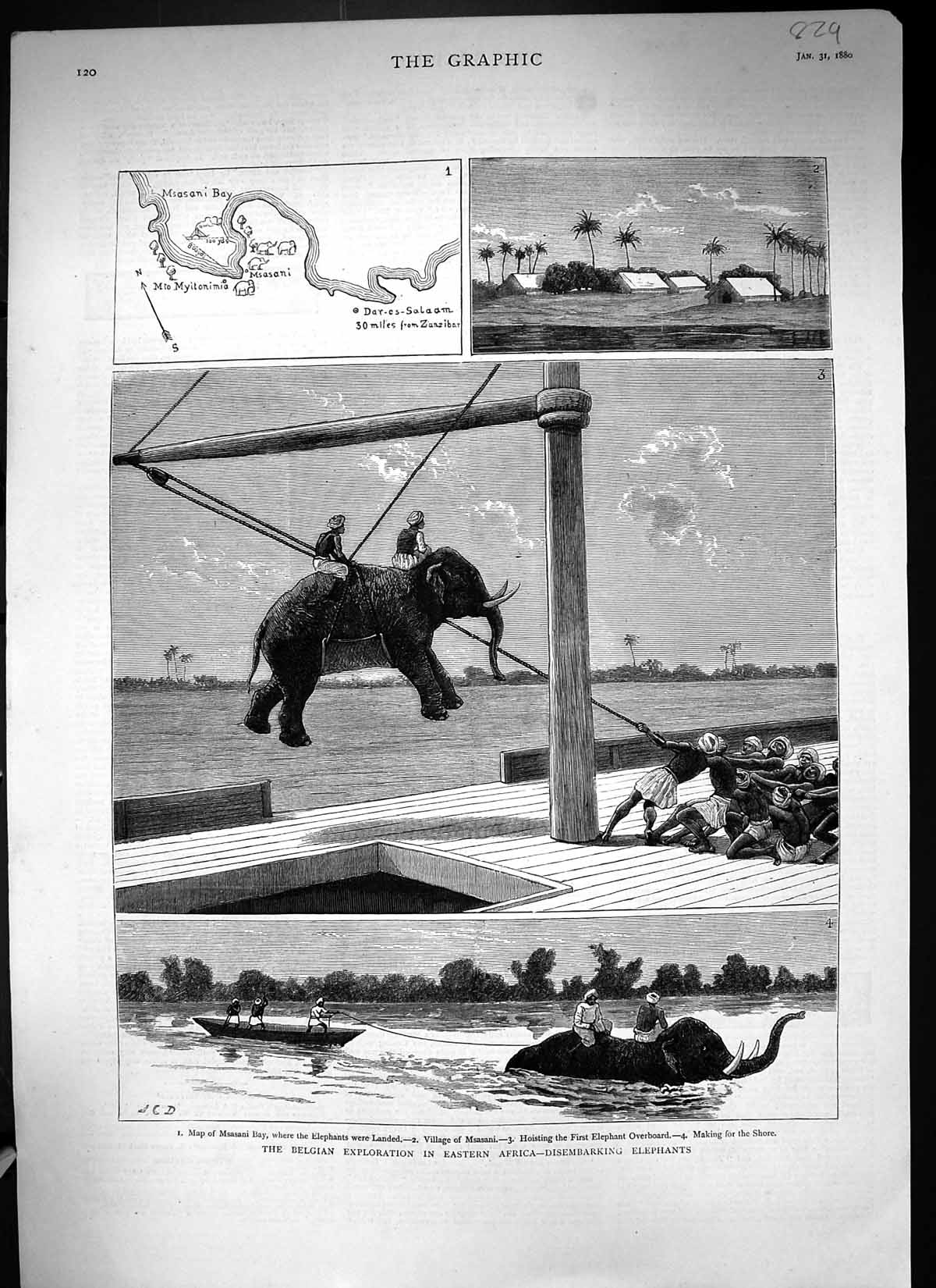 Old 1880 Belgian Exploration Africa Elephants Map Msasani Village Boa Victorian