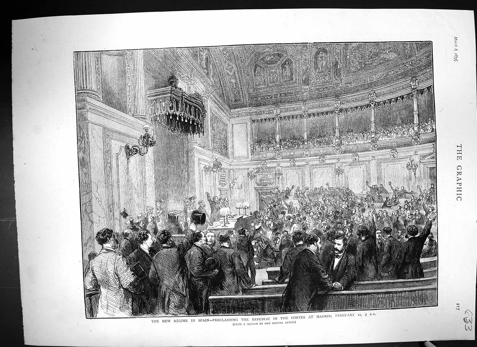 Old Print 1873 Spain Proclaiming Republic Cortes Madrid Spain Government 19th