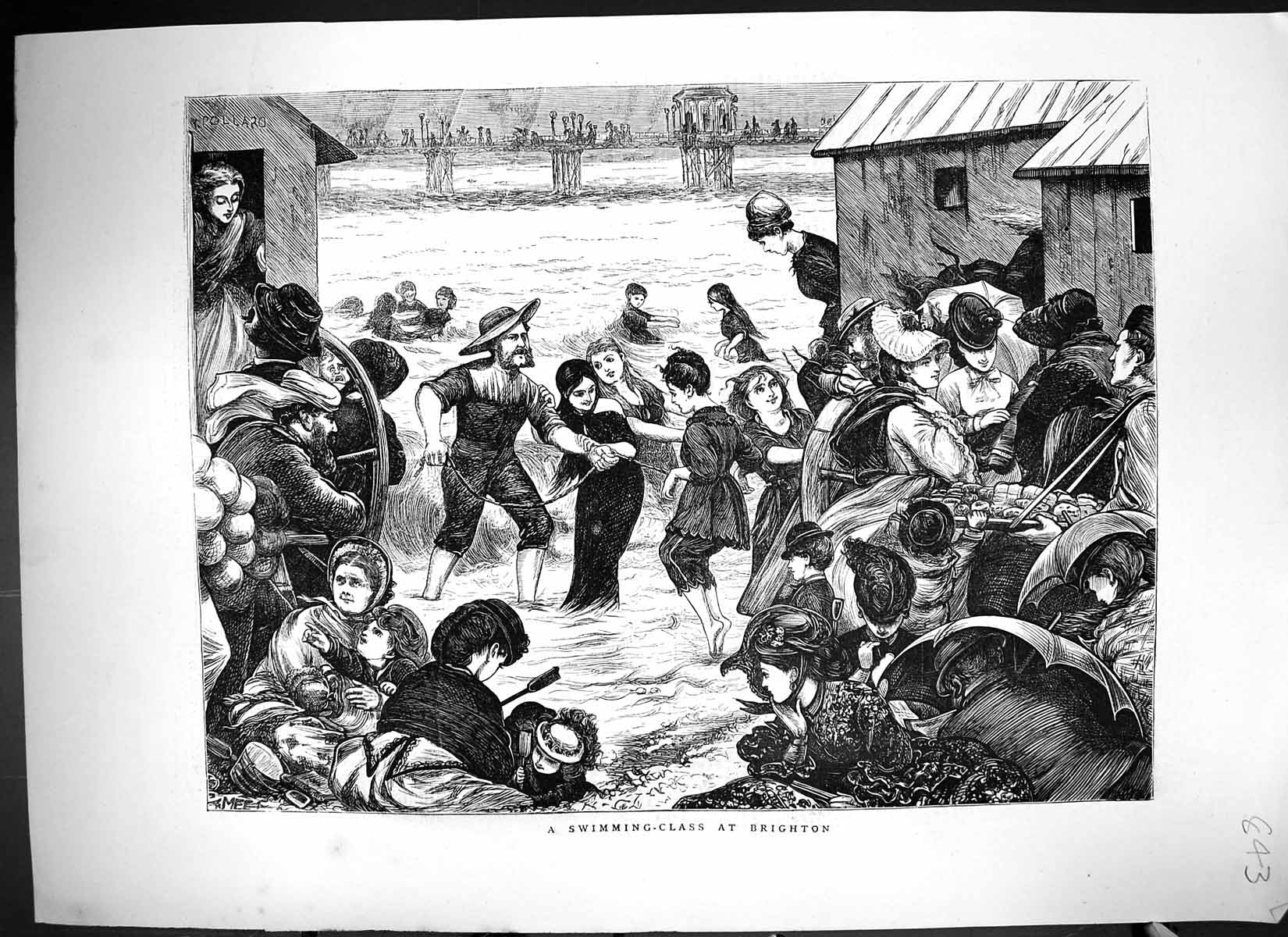 Antique Old Print 1871 Swimming Class Brighton Beach Scene England Fine Art