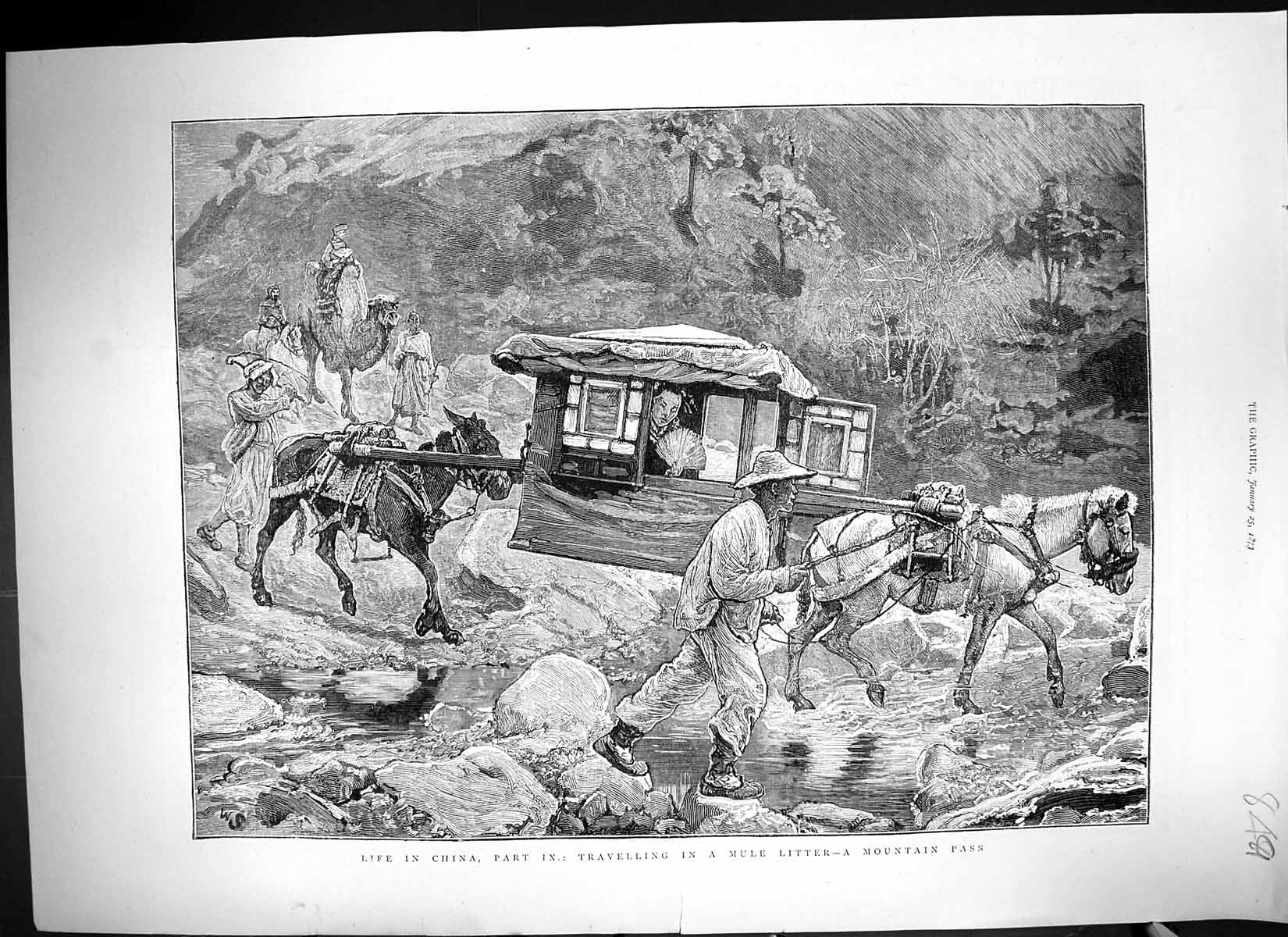 Old 1873 Life China Travelling Mule Litter Mountain Pass Chinese Peop Victorian