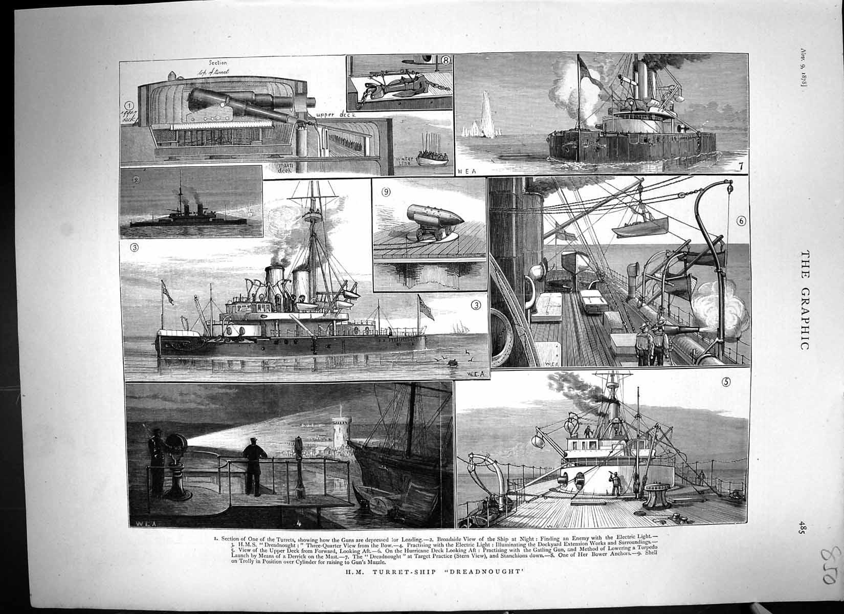 Old 1878 H.M. Turret Ship Dreadnought Hurricane Deck War Guns Bower A Victorian