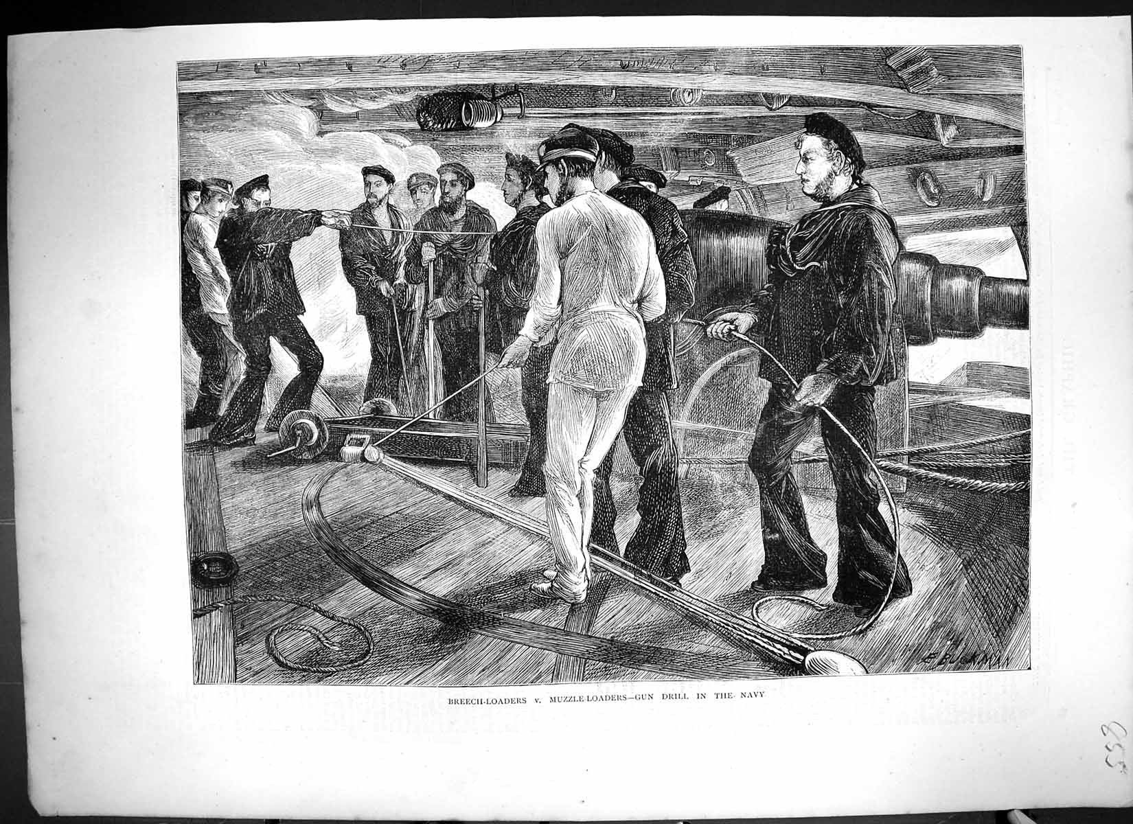 Old Print 1871 Breech-Loaders Muzzle-Loaders Gun Drill Navy Sailors Ship 19th
